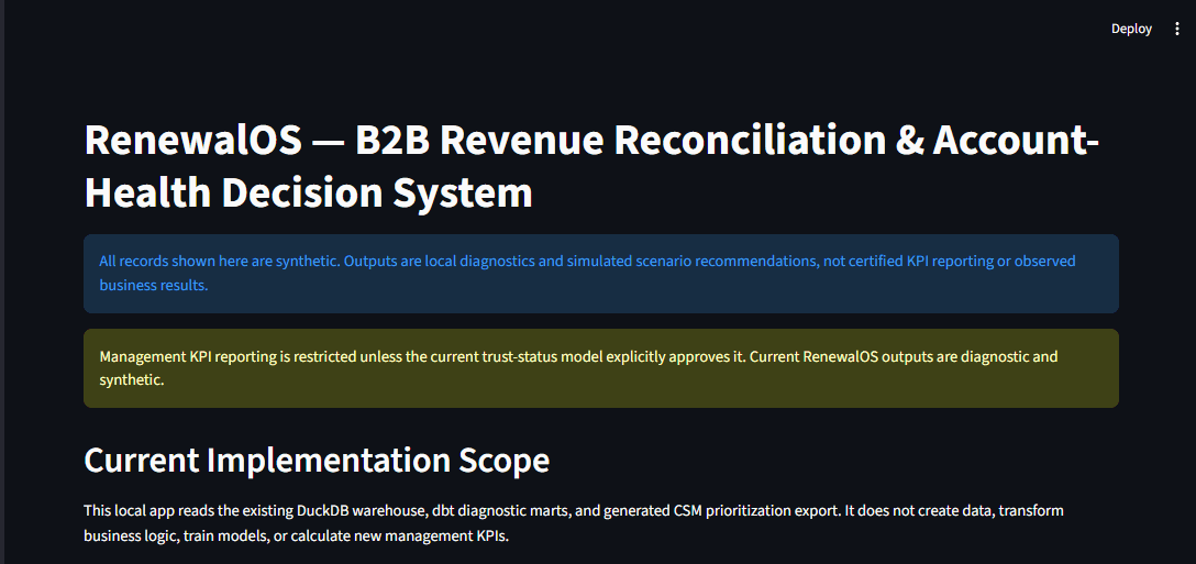 RenewalOS — Revenue Quality & Account Health dashboard — RenewalOS Control Tower — synthetic data disclaimer and KPI reporting restrictions